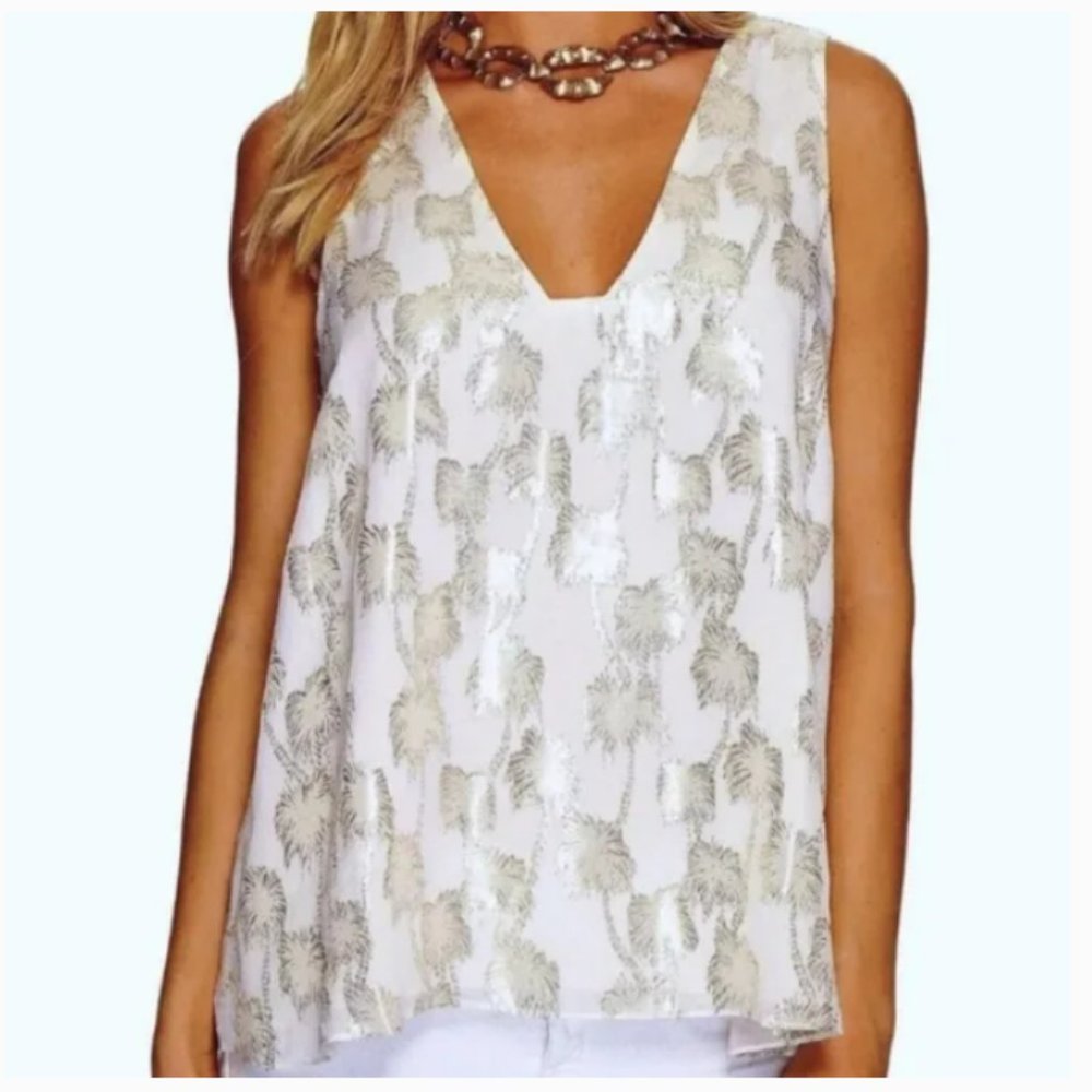 Lilly Pulitzer Owen Gold Metallic Silk Palm Tree Sleeveless Tank Size Small